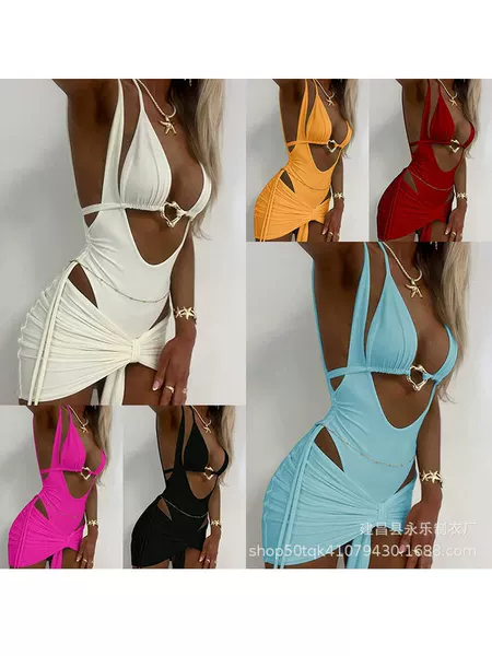 2026 New Metal Buckle Tie-Up Layered Three-Piece Bikini Swimsuit Quick-Drying Sun Protection Available in 8 Colors