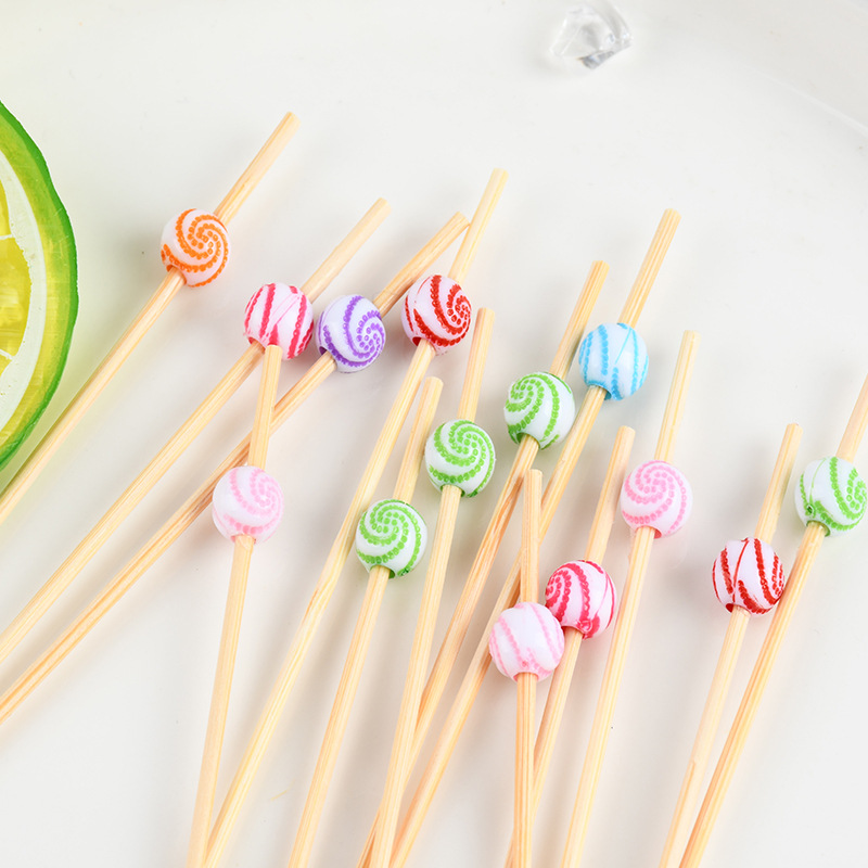 Frutas al por mayor bambú cuentas de color mezcladas color pastel creativo decoración horquilla de frutas para hacer postres postres