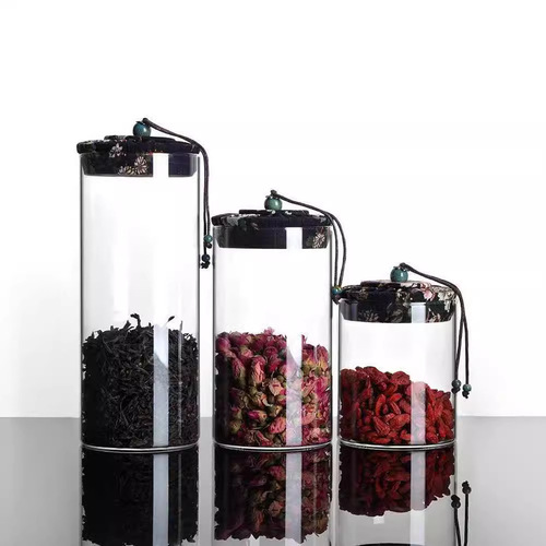 Heat-resistant glass tea can, straight cloth cover, dried fruit, grains, scented tea, sealed storage can, transparent bottle