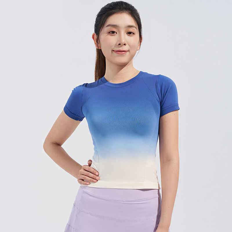 Verano nuevo deporte frío gradiente al aire libre yoga acondicionamiento físico mangas cortas delgado running overhead camiseta