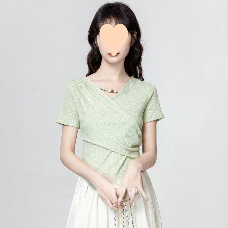 绿色领短袖恤女夏季2025新款不规则交叉收腰显瘦正肩体恤短上衣|undefined