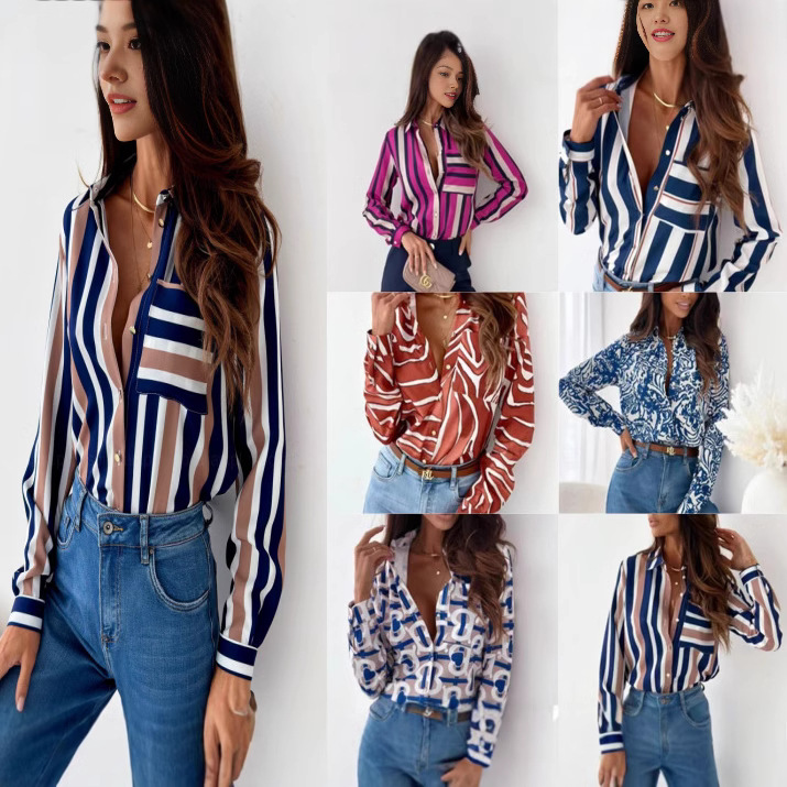 2023 estación Independiente deseo Amazon popular otoño nueva moda de manga larga con cuello en V camisa de las mujeres