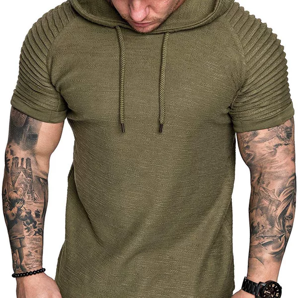 New Men's Casual Fashion Bamboo Pattern Solid Color Hooded T-Shirt Fitness Sports Short-Sleeved T-Shirt