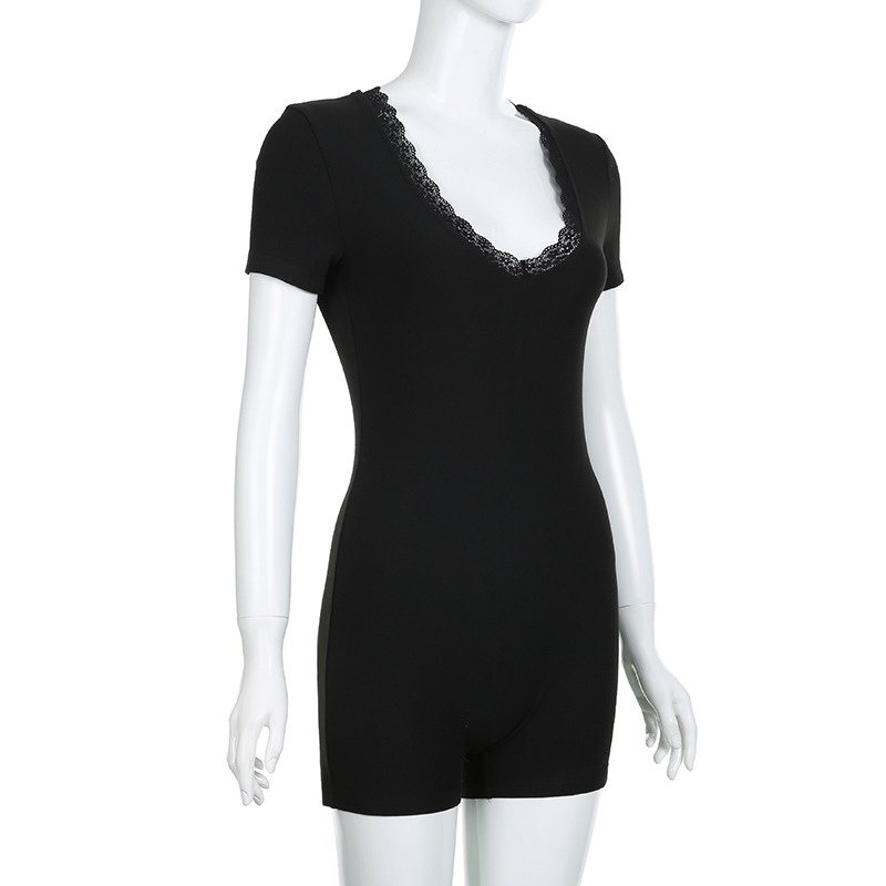 Casual Sexy Women Lace V neck Patchwork Personality Street Spring Summer Tight Short Sleeved Jumpsuit