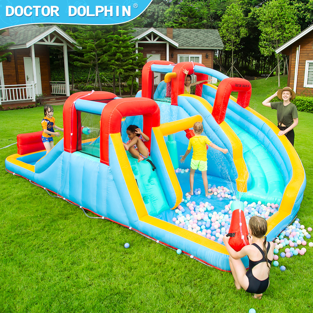 Doctor Delfín | Castillo inflable para niños, pequeño castillo inflable para el hogar, fiesta infantil, tobogán inflable con rociador de agua, piscina de olas