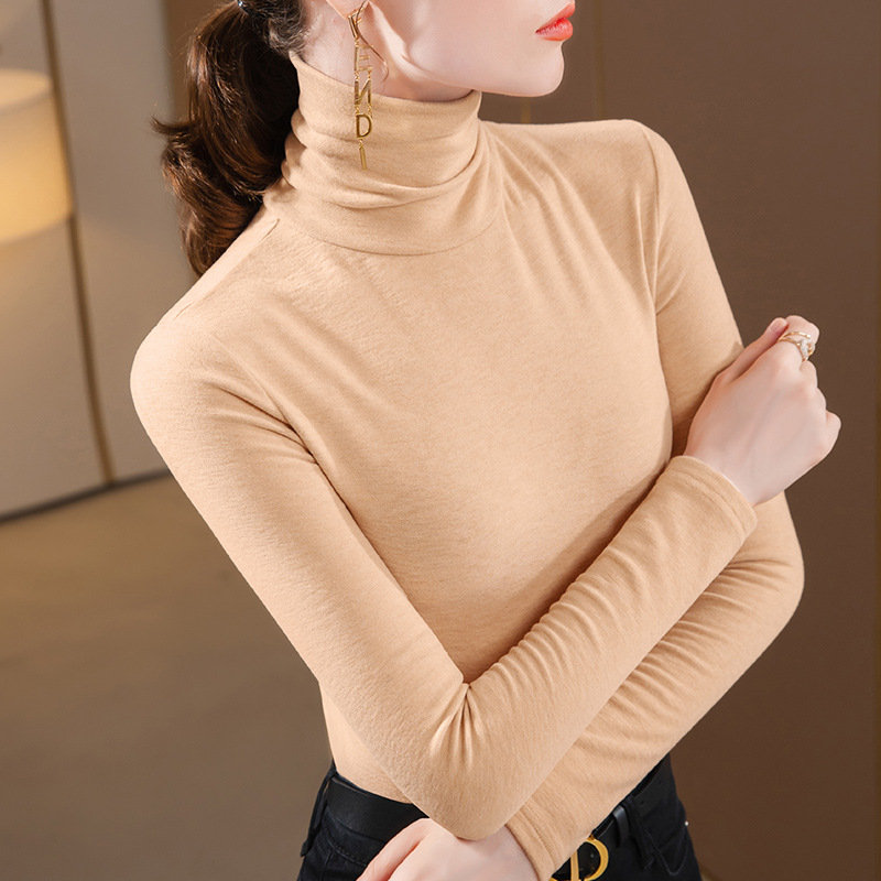 Camisa de fondo de terciopelo de seda de cuello medio alto para mujer 2024 otoño e invierno nuevo estilo de manga larga caliente y camisa ajustada