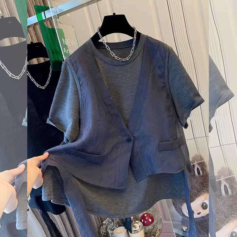 Vintage French-Style Plus-Size High-End Sheer Vest with Faux Two-Piece Short-Sleeve T-Shirt, Loose Top for Women, New Summer Versatile Style Vintage French-Style Plus-Size High-End Sheer Vest with Faux Two-Piece Short-Sleeve T-Shirt, Loose Top for Women, New Summer Versatile Style