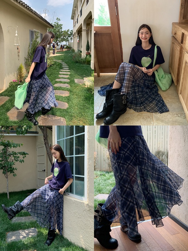 你好卡农 不对称斜裁格纹半身裙女夏季新款设计感高腰a字格子长裙|undefined