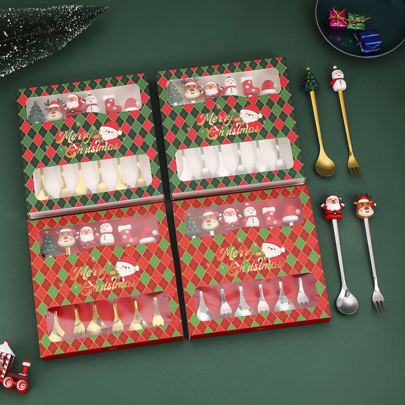 クリスマススプーンとフォーク6点セット漫画人形デザートコーヒースプーンステンレス鋼食器フルーツフォーククリスマスホリデーギフト|undefined