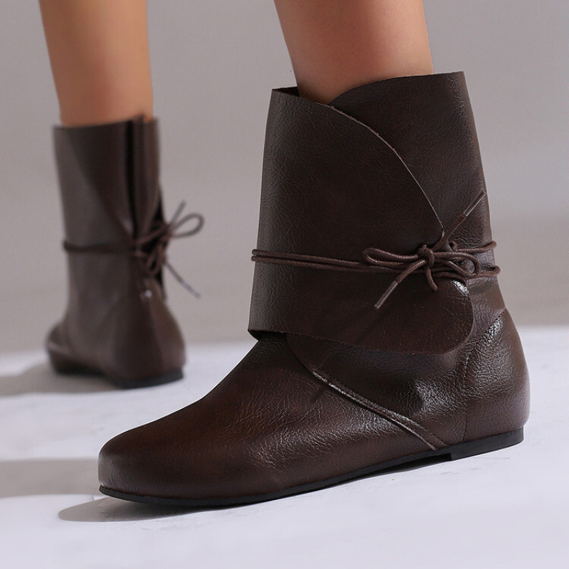 2026 New Spring and Autumn Export Round-Toe Medieval European and American Style Unisex Lace-Up Leather Boots Flat Large Size Cross-Border