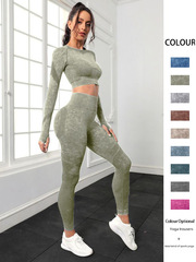 Women's High-Waist Slimming Seamless Yoga Suit Set, European and American Style, Two-Piece Yoga Pants with Long Sleeve Sports Exercise