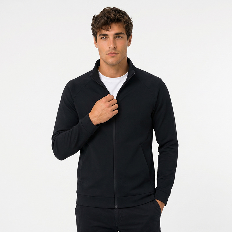 Men's Stand Collar Zipper Sports Sweatshirt, Spring and Autumn Casual Warm Long Sleeve Jacket, Black Knit Fitness Running Top