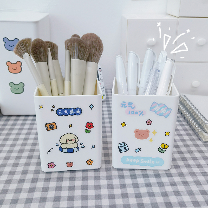 学生桌面笔筒塑料方形白色大容量化妆刷收纳筒文具铅笔盒子无印风