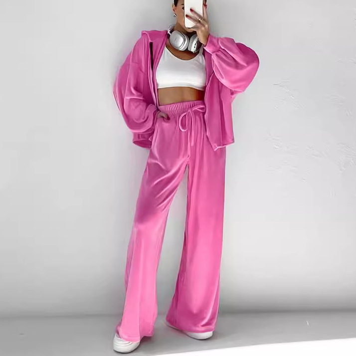 2024 hiver nouveau costume en velours mode européenne et américaine fermeture éclair à manches longues style sport pull à capuche costume décontracté_voghion.com