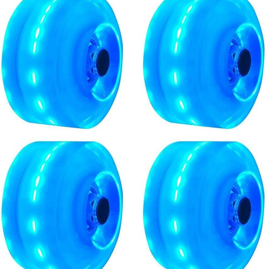 Flashing polyurethane skate wheels, 32 mm, LED motion‑activated, blue/white/pink, sets with tools