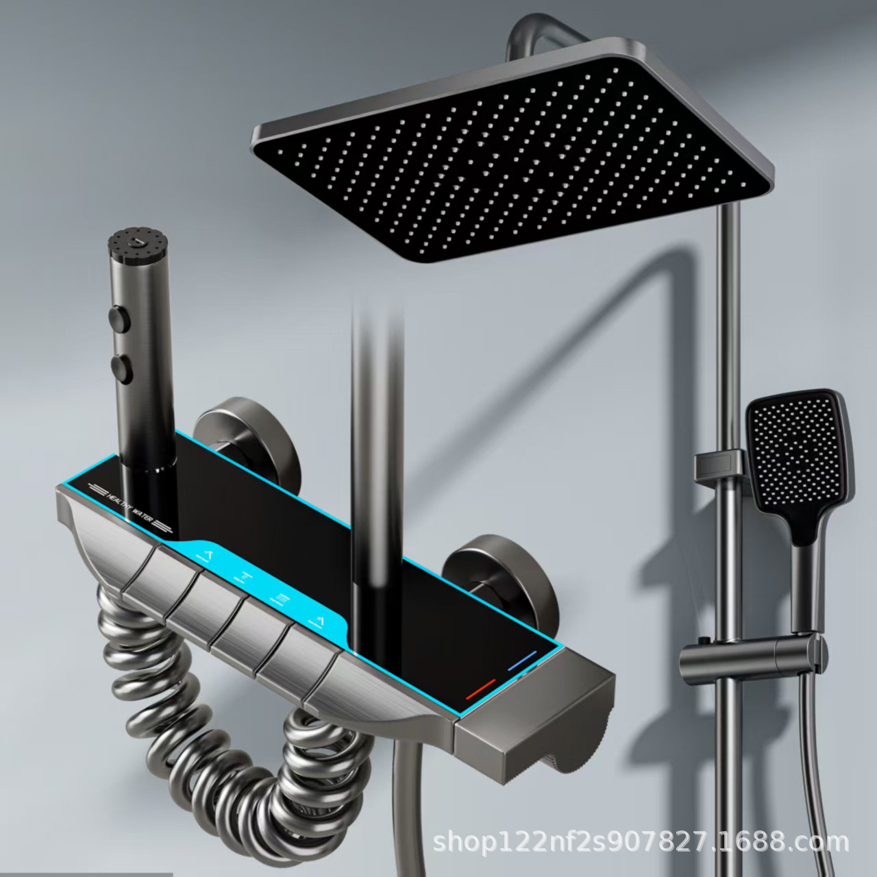 Juego de ducha de ducha de cobre, fábrica al por mayor, pistola doméstica de temperatura constante, botón gris, pantalla digital, luz ambiental, vino de flores sobrealimentado