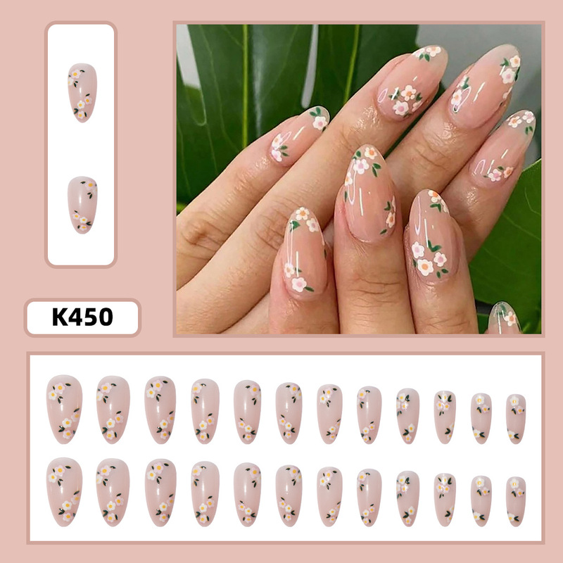 Short Almond Early Spring Contrasting Flowers Simple Fresh and Sweet Spring Export Wear Manicure Nails 24 Pieces