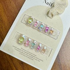 夏日彩色軟糖波點極光短款可愛絢麗粉色清透純手工可拆卸穿戴甲