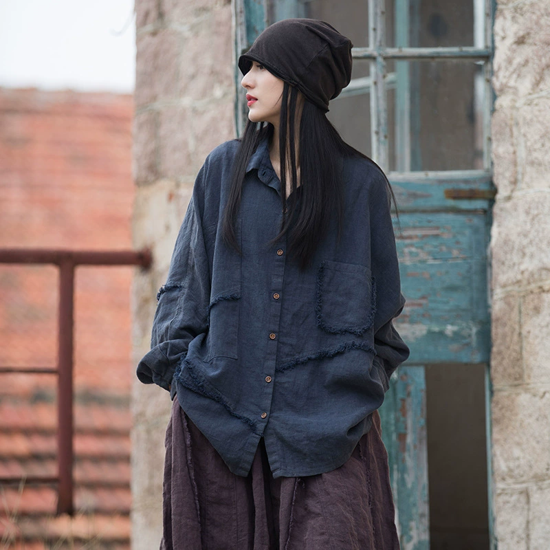 Новая женская винтажная свободная рубашка из хлопка и льна, с эффектом песочной стирки, начёсом, в стиле пэчворк, асимметричного кроя, больших размеров, для зимы