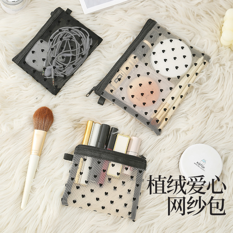 Cross-border Mesh Love Flocking Cosmetic Bag Ins Simple Small Wash Bag Portable Cosmetic Storage Bag