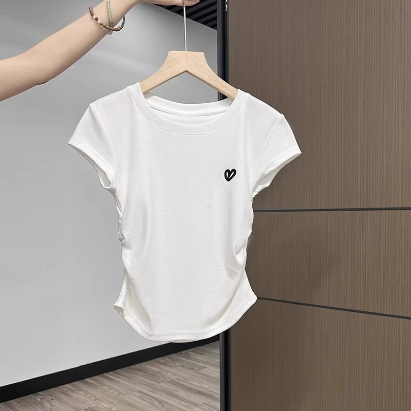 バーガンディ右肩半袖Tシャツ女性用2025新作夏デザインプリーツウエスト痩身ショートトップ|undefined