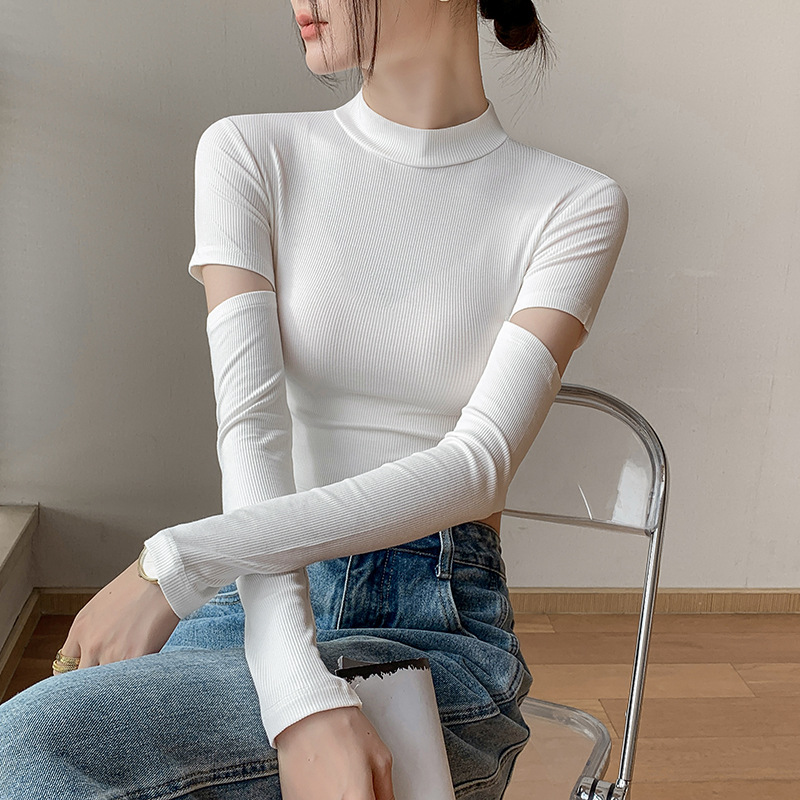 디자인감 있는 화이트 티셔츠 여성용 이너웨어 슬리밍 슬림핏 크롭 긴팔 티셔츠 여성용 상의