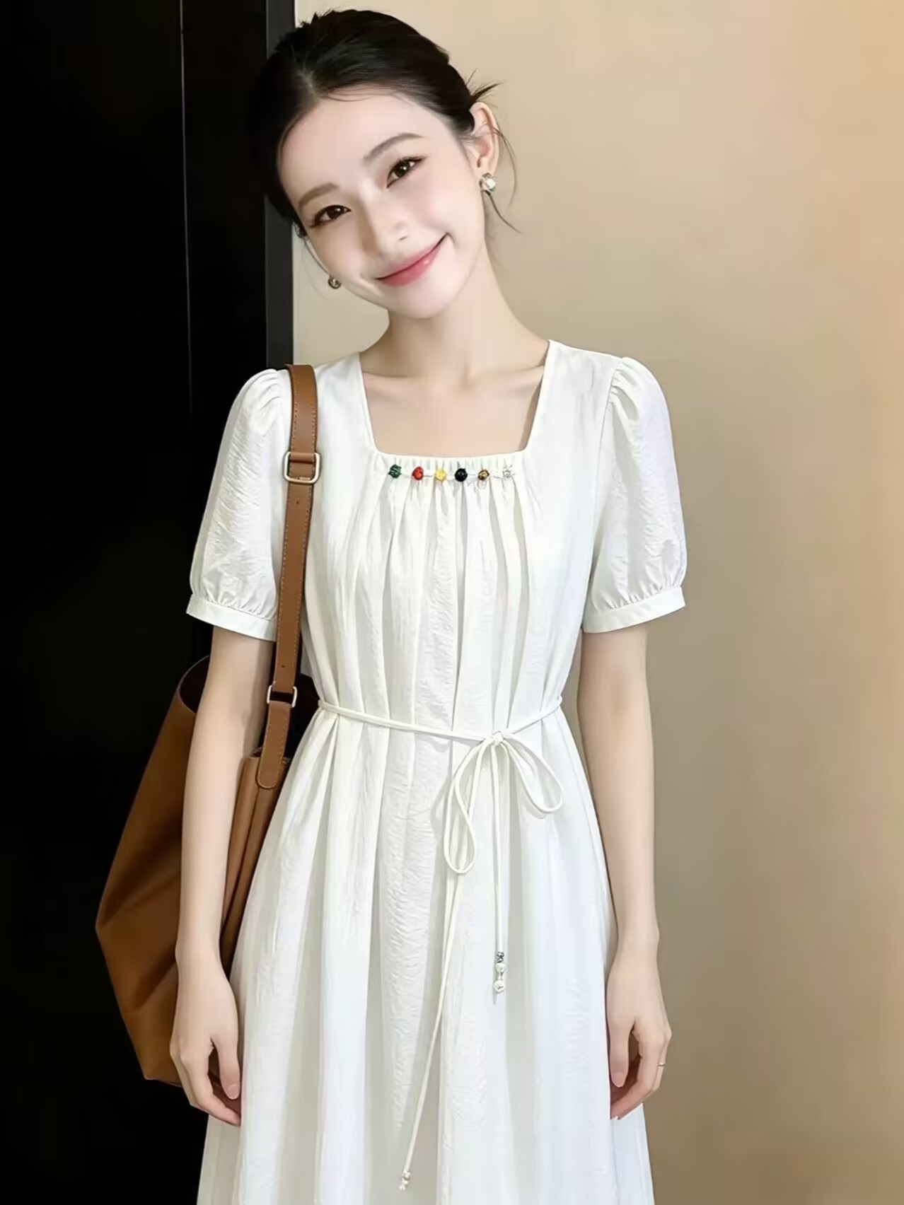 Váy suông cổ vuông tay bồng ngắn kiểu Pháp — xanh lam