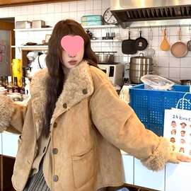 美式复古风通勤感女冬季时尚百搭外套上衣翻领单排扣设计大衣