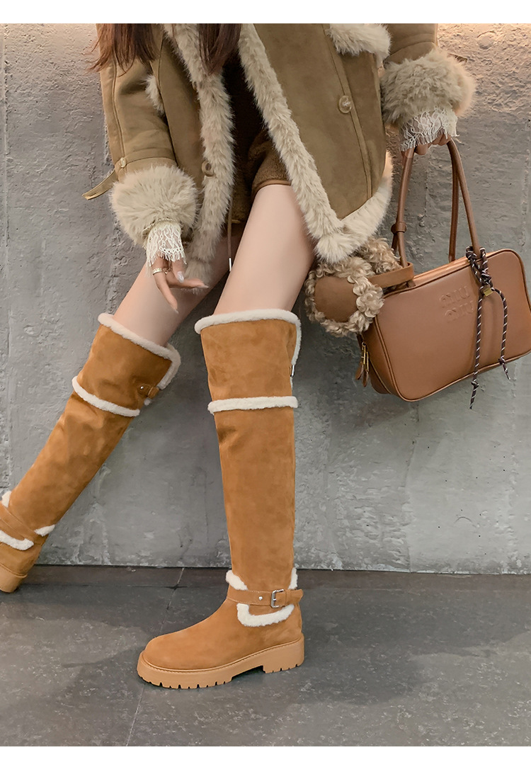 Boot tuyết nữ đế dày cổ cao quá gối lót lông cừu chống trơn trượt bo gấu lông — màu nâu chi tiết 16