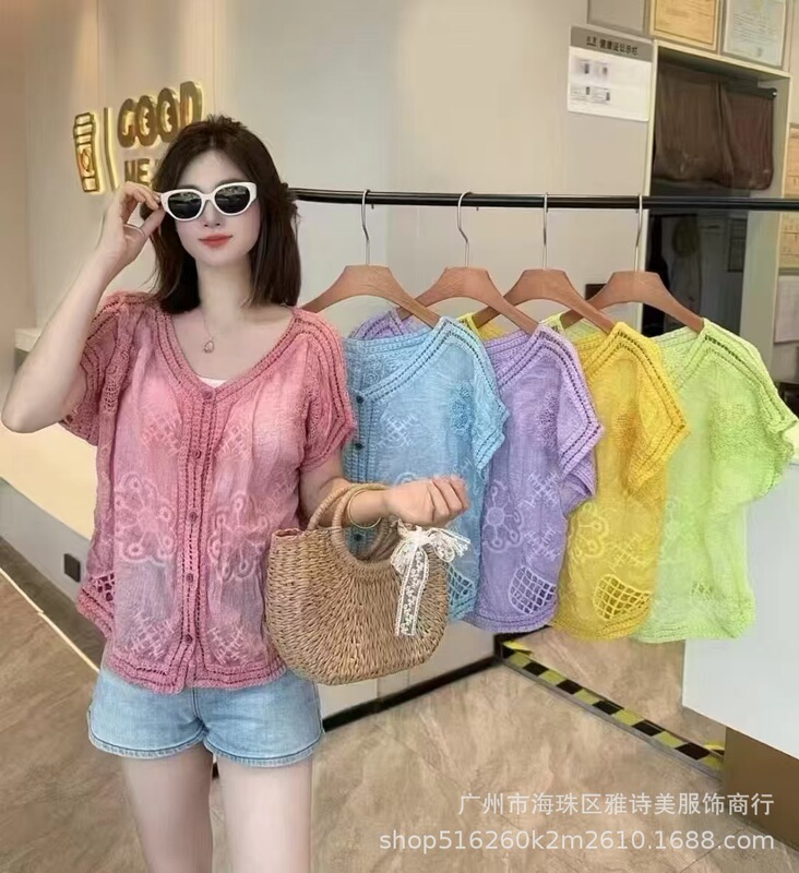 夏季高级感钩花镂空V领短袖针织衫女新款别致减龄显瘦开衫上衣潮|undefined