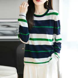 2025年秋冬新款天丝羊毛圆领针织衫长袖女拼色条纹宽松套头打底衫