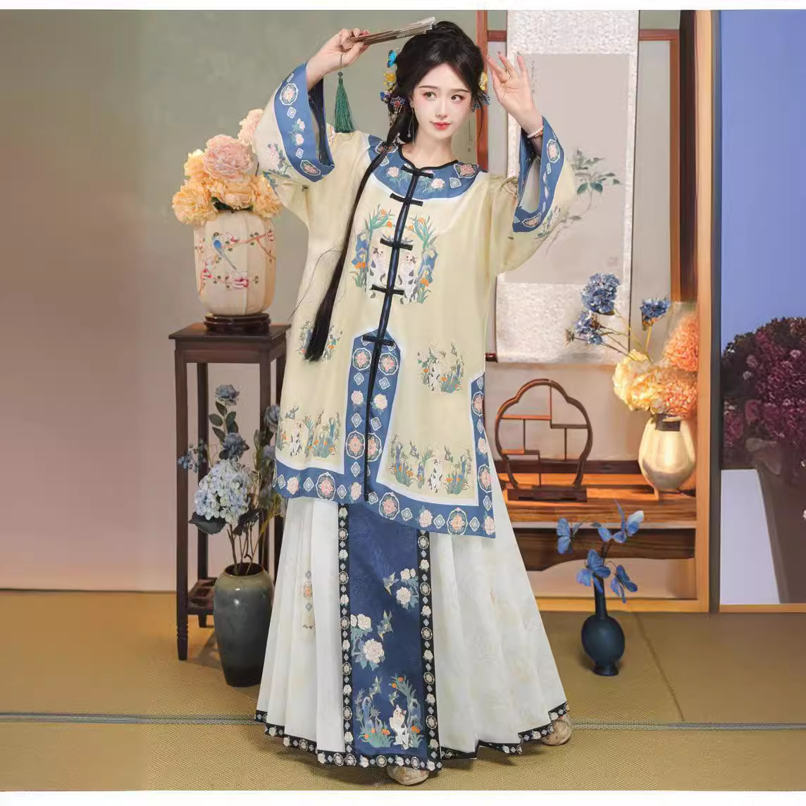 新款清汉服女对襟圆领复古风民族服装清代宫廷装套装日常拍照古装