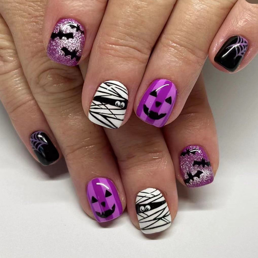 Halloween False Nails Glitter Spider Web And Bat Design 24 Pack_voghion.com