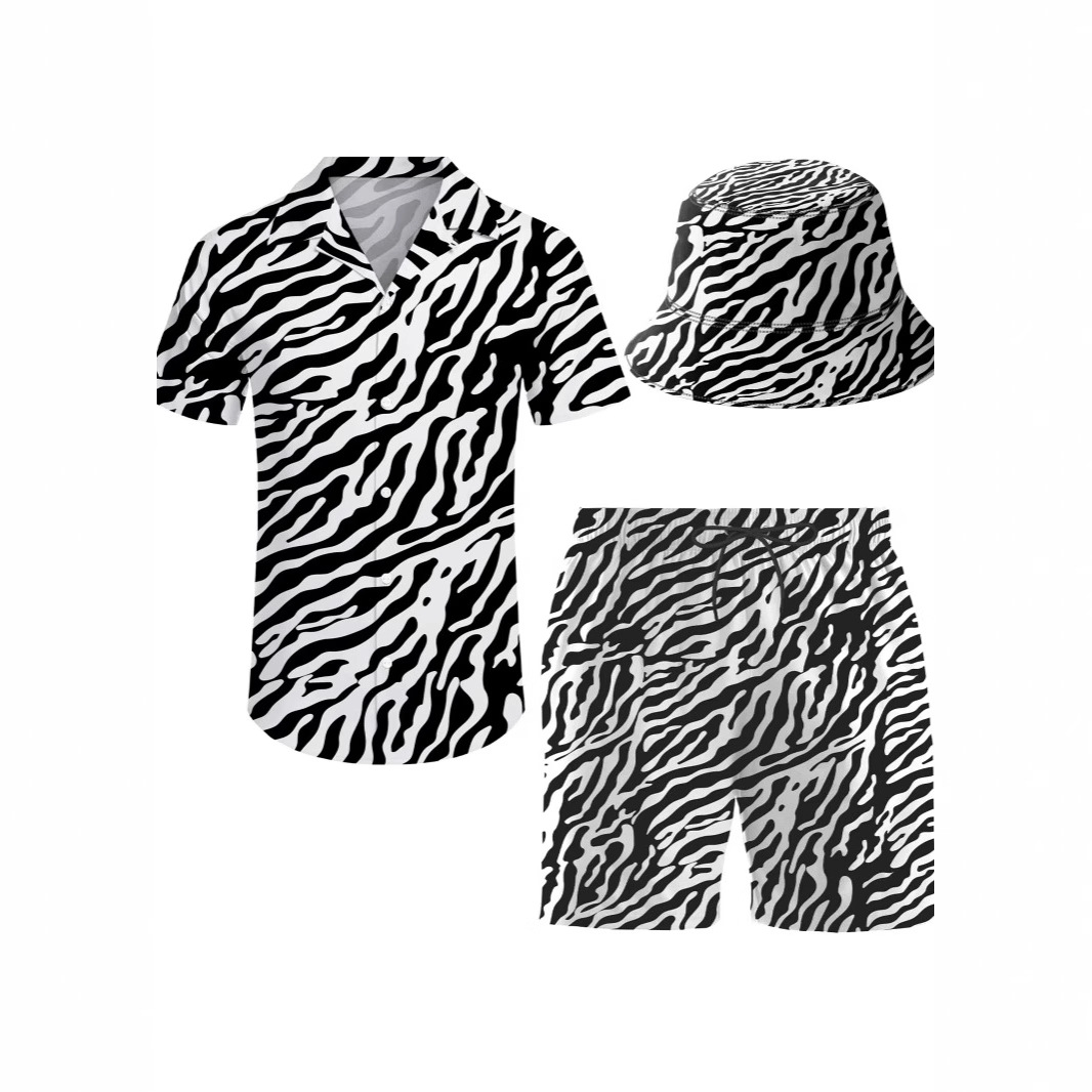 맞춤형 하와이 3피스 유럽과 미국의 3D 프린트 패션 남성용 라펠 반소매 셔츠 비치 바지 및 모자 세트