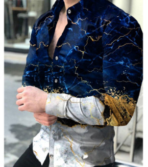 跨境外贸新款男3D印花欧美休闲街潮数码印花长袖衬衫男款修身衬衣|undefined