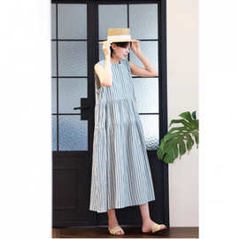微皱肌理感盐缩棉条纹无袖连衣裙2025夏蓝白条宽松背心长裙大摆裙
