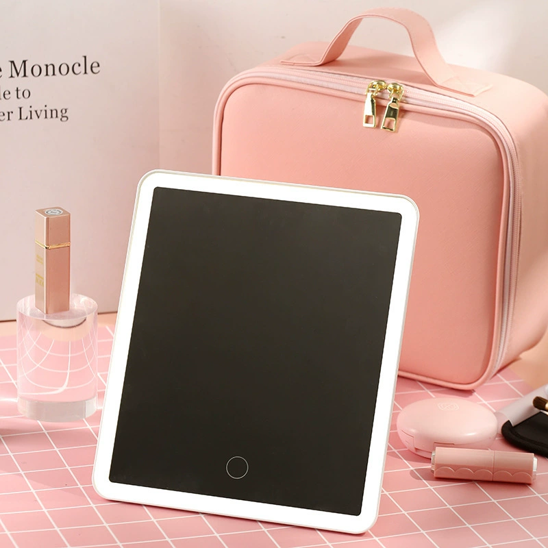 Mirror with light, handheld cosmetic bag, capacious organizer bag