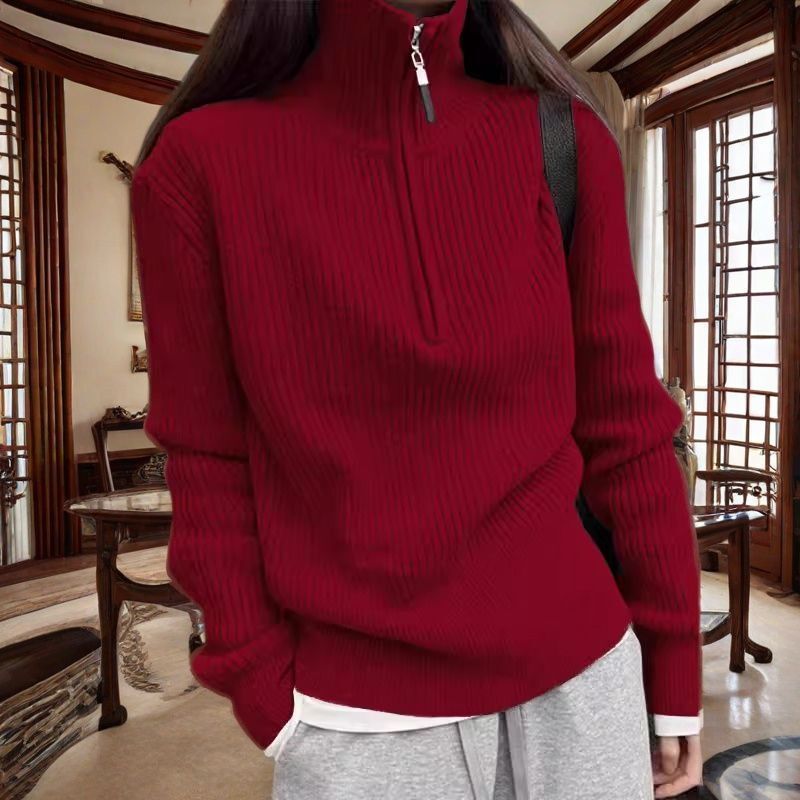 Ankora Red Stand-Up Collar Slim Design with Elegant Sweater Half Turtleneck Zipper Knitted Bottoming Shirt Top for Women
