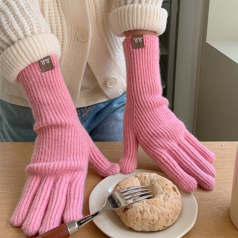 加长款含羊毛流行韩国粉色针织露指冬季手套女韩国冬天保暖骑行