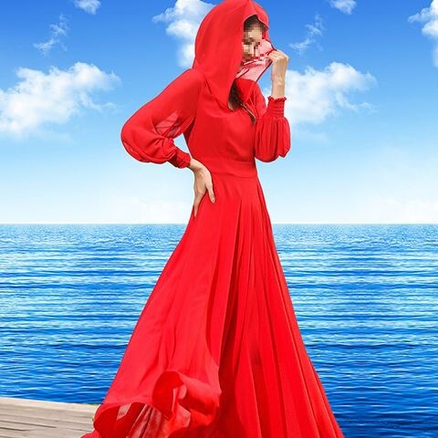 Spring and Autumn New Style Bohemian Long Sleeve Chiffon Extra Long Ankle-Length Dress Women's Large Swing Beach Dress Seaside Vacation