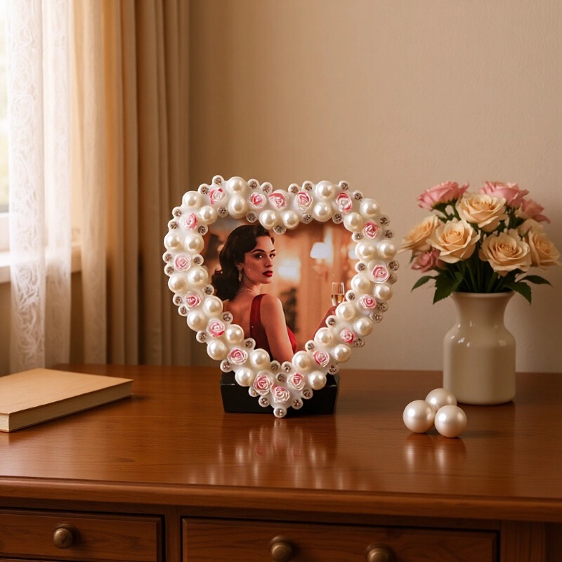3inch Rose Pearl Heart-Shaped Photo Frame, Light Luxury High-End Desktop Small Photo Frame, Cross-Border Decorative Ornament, One Piece Dropshipping
