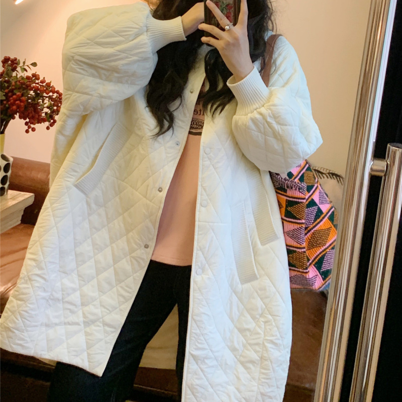 卡其色大码宽松外套女2023年秋冬季圆领轻又暖廓形中长款风衣棉衣|undefined