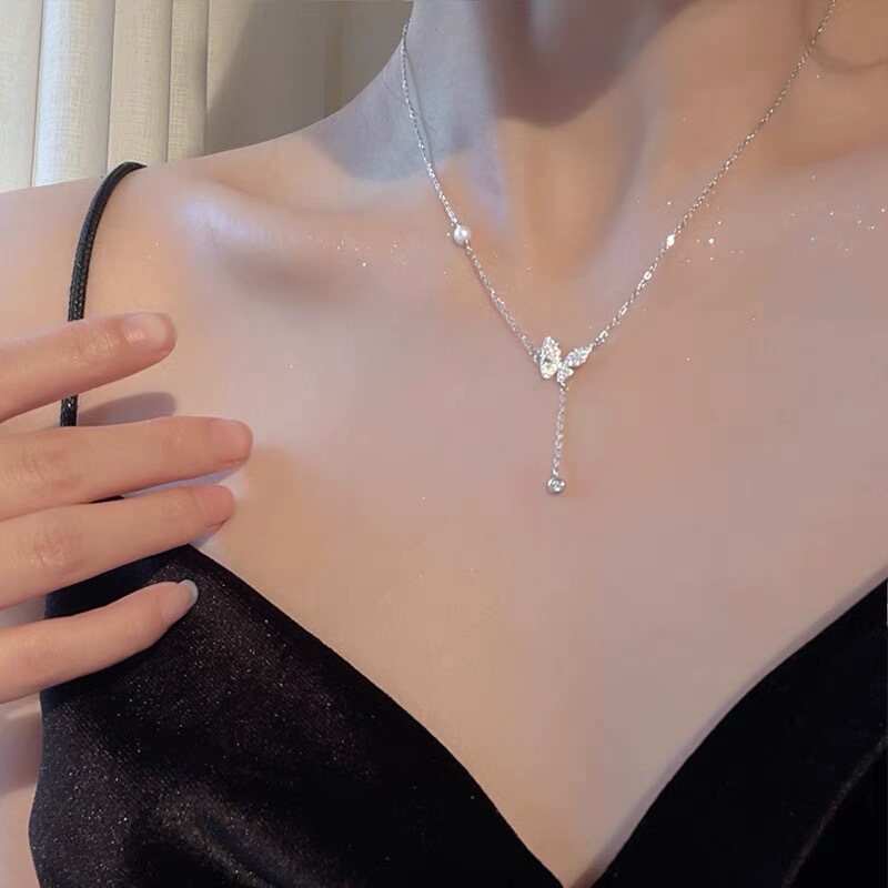 S925纯银简约气质闪钻蝴蝶流苏项链女潮日韩轻奢高级感珍珠锁骨链|undefined