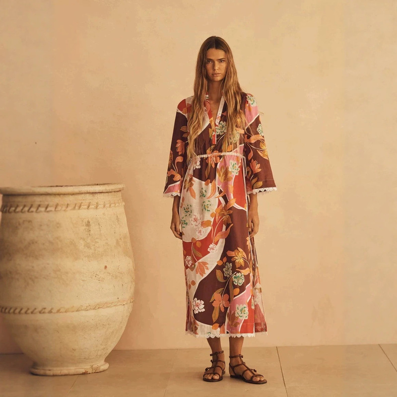 2026 European and American Cross-Border Amazon Independent Site Spring and Summer New Linen Fashion Printed Lace Long Dress for Women