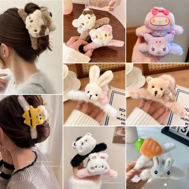 autumn and winter new plush barrettes women‘s large cartoon shark clip cute back hairpin furry bear grip