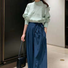 韩版  高腰系带不规则垂坠感休闲阔腿裤长裤 女