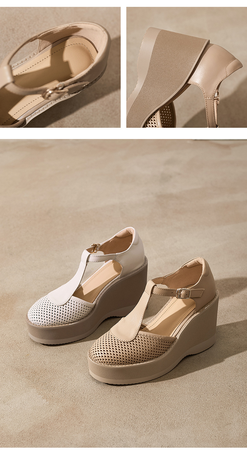 Sandal cao gót nữ đế dày 9.5 cm quai khóa chữ T phong cách tổ chim — màu trắng ngà chi tiết 9