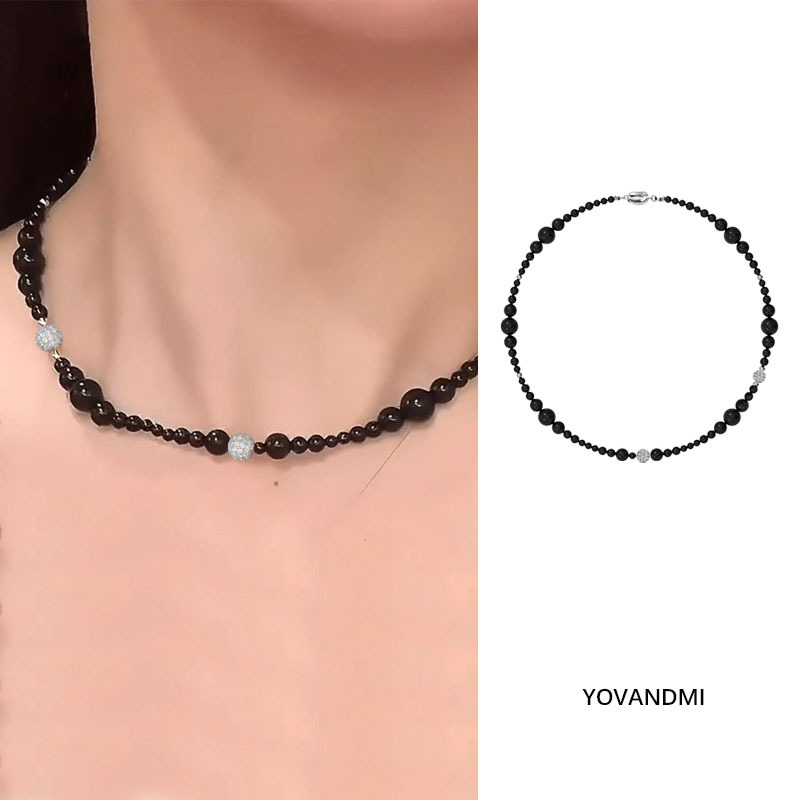 甜酷小众设计黑玛瑙项链小众设计冷淡风锁骨颈链choker满钻球吊坠