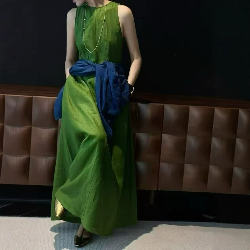 2026 Old Money Style Linen-Cotton Slimming and Height-Enhancing Dress with a Relaxed and Lazy Atmosphere, Extra-Long Ankle-Length Skirt