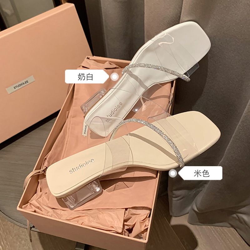 [sheii Su Yinyin] Evening Xinghe ~ Square Head Transparent pvc rhinestone with Thick Heel Slippers Women's Sandals for Outer Wear